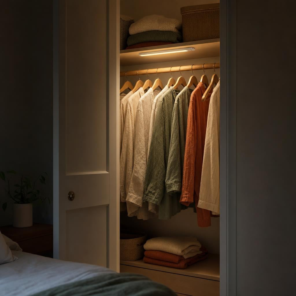 LED motion sensor light lighting up a closet at night