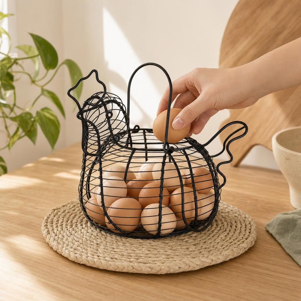 Placing an egg in the black wire hen egg basket