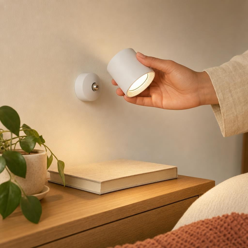 Lifting the rechargeable wall light off its magnetic mount
