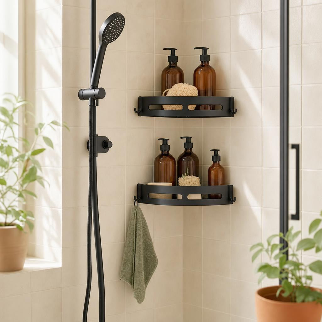 Two black corner shower shelves holding bottles in a tiled shower