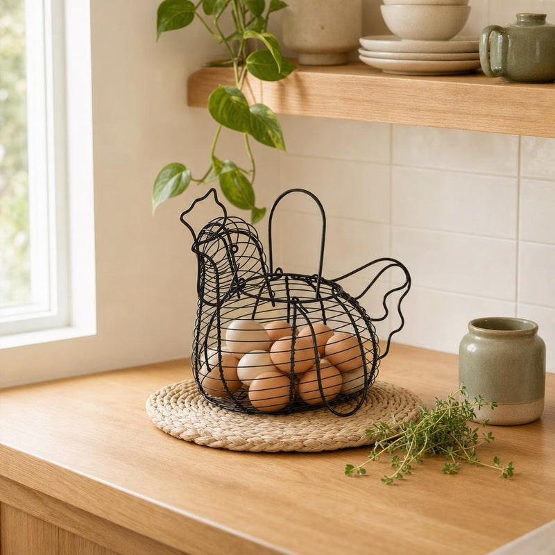 Black wire hen egg basket full of eggs on a kitchen counter