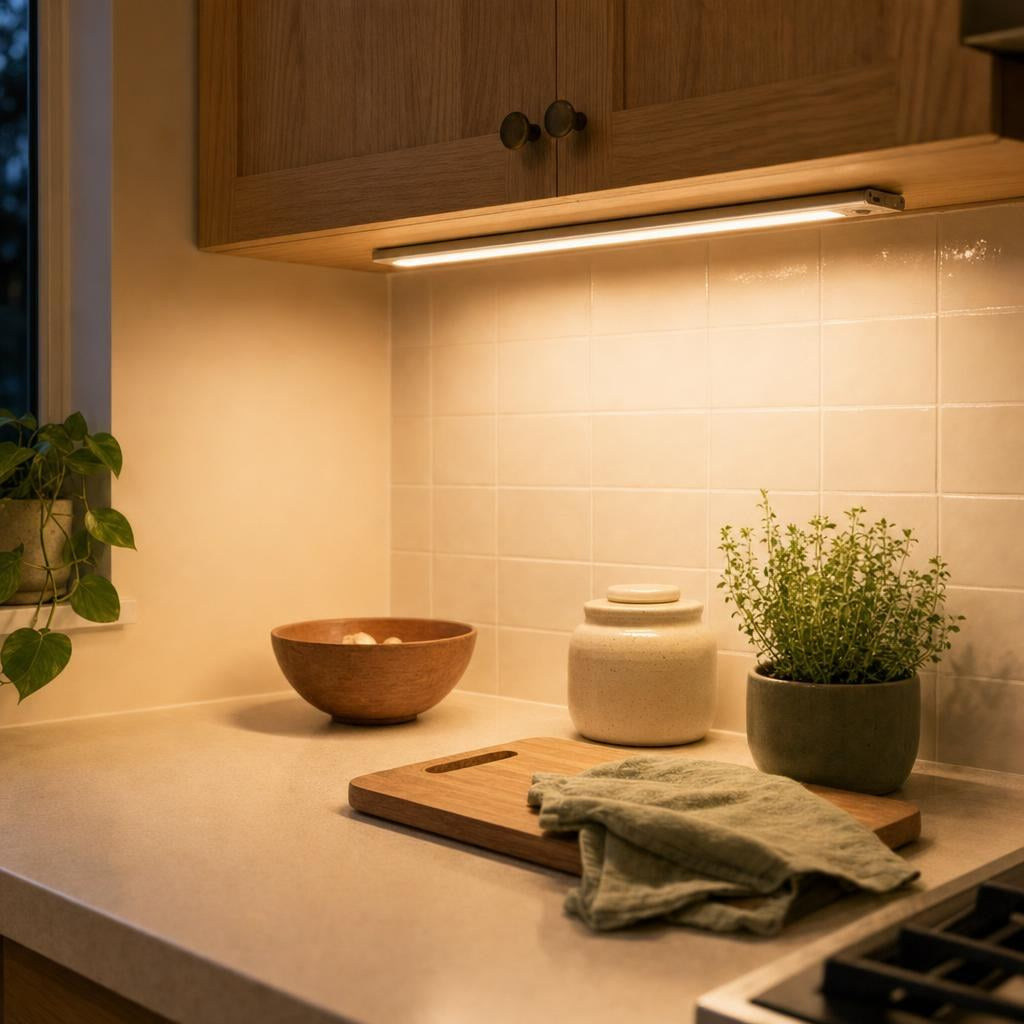 Motion sensor LED light glowing under a kitchen cabinet in a rental kitchen
