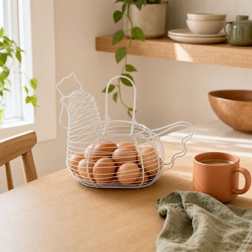 White wire hen egg basket with eggs on a breakfast table