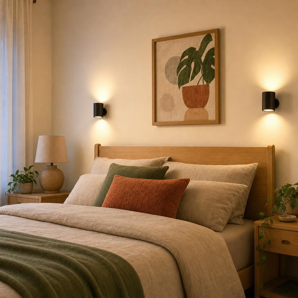 Two rechargeable wall lights on either side of a bed