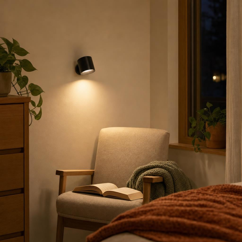 Rechargeable wall light over a reading chair