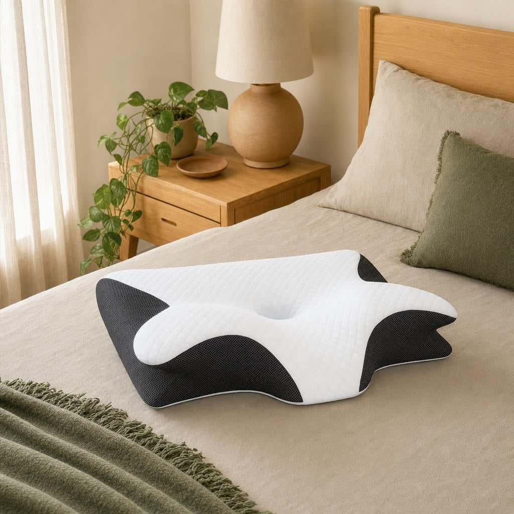 Contour memory foam pillow on a made bed in a cozy bedroom