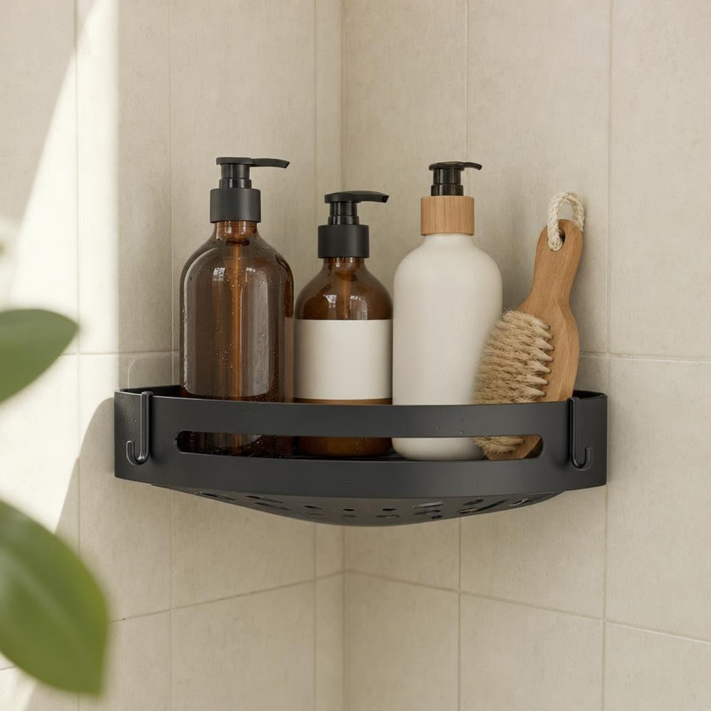 Close-up of a black corner shower shelf with pump bottles