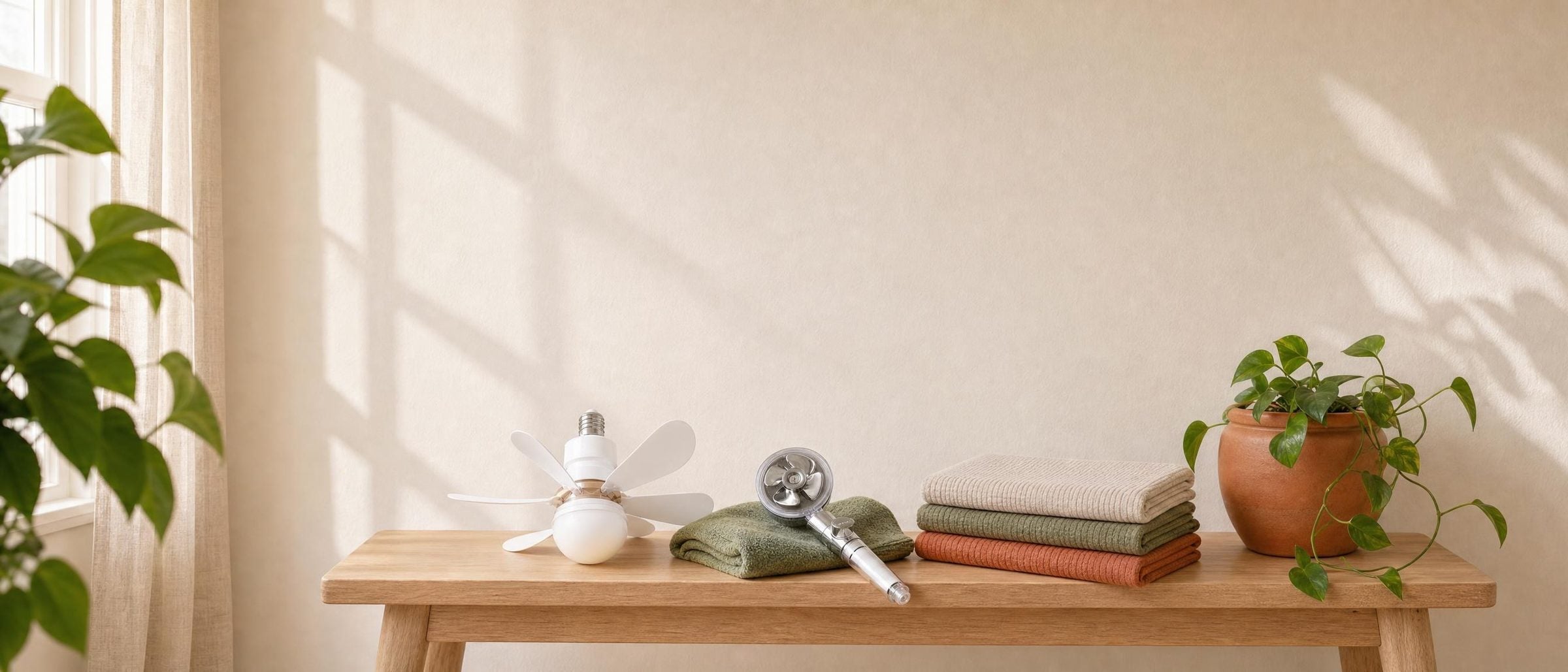 Socket fan light, turbo shower head and folded chair seat covers on an oak bench