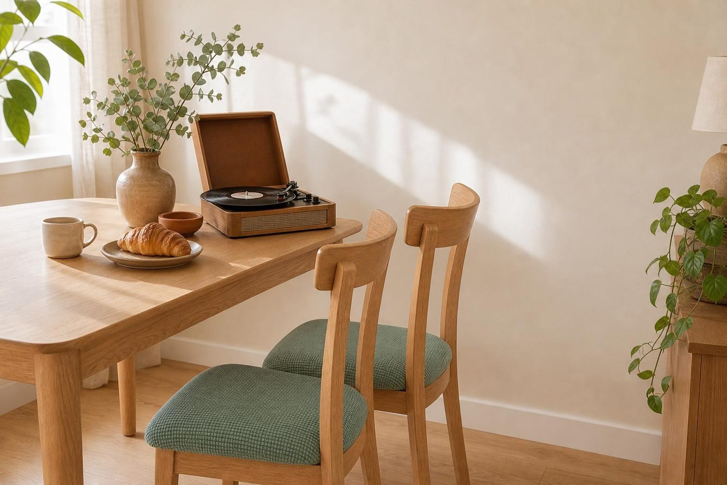 Sunday morning dining corner with sage chair seat covers, coffee and a record player